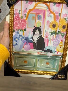 Gorgeous unique hand painted wall art by Sapna Shah cat on vanity wearing pearls
